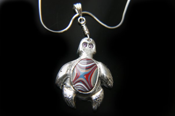Silver Turtle Necklace - With Fordite Cabochon Silver Turtle Necklace - With Fordite Cabochon